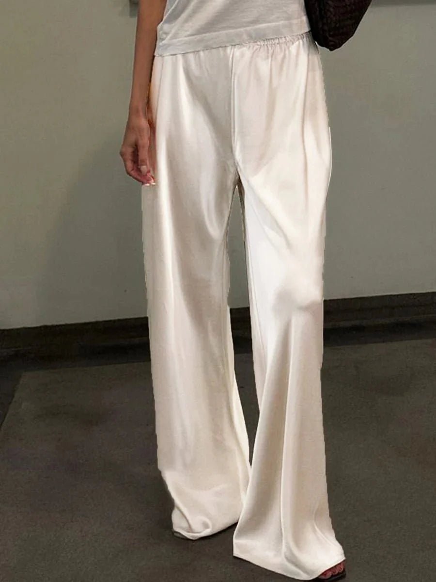 OLANE Elastic Waistband Wide Leg Satin Trousers IvoryMWomen's Bottoms