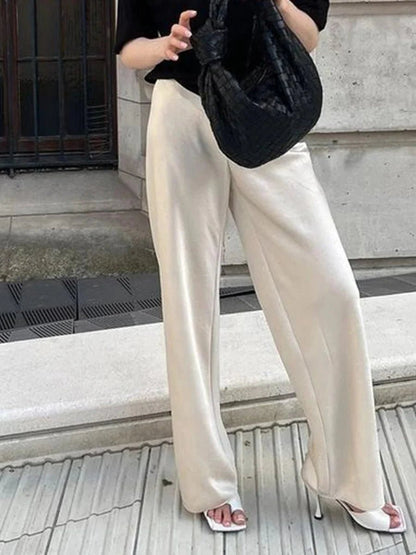 OLANE Elastic Waistband Wide Leg Satin Trousers IvoryMWomen's Bottoms