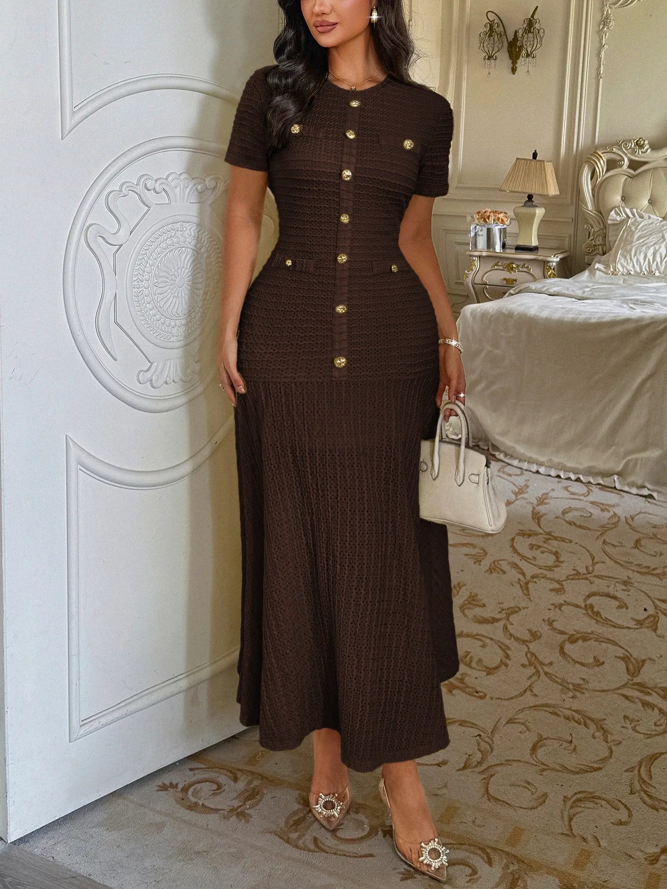 OLANE Elegant Bodycon Flared Midi Dress BrownSDress