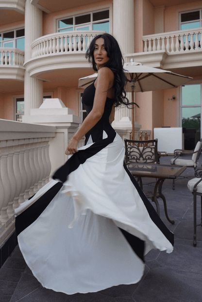 OLANE Elegant Contrasting Pleated Maxi Dress BlackLWomen's Dresses
