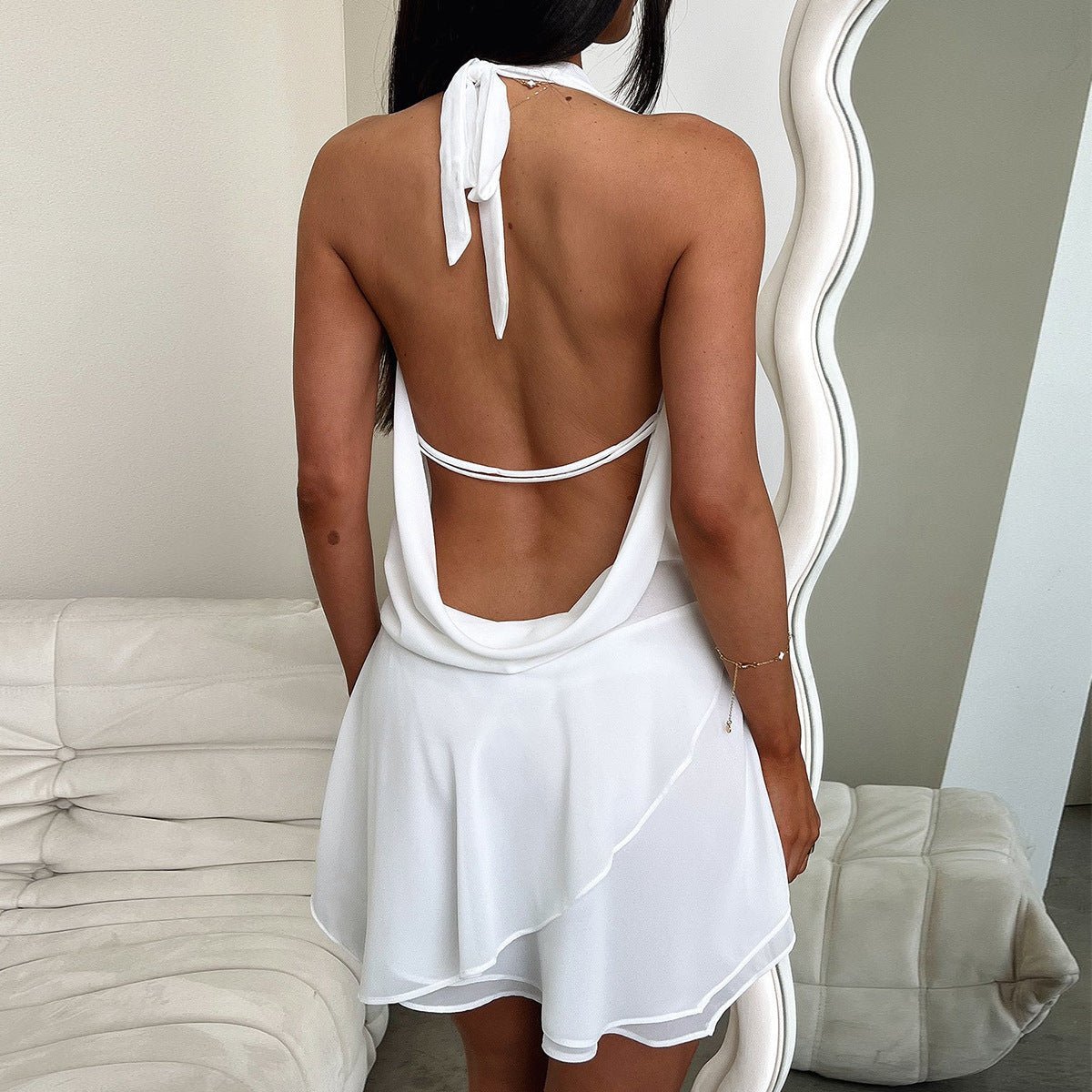 OLANE Elegant Halter Backless Mini Dress WhiteXSWomen's Dresses