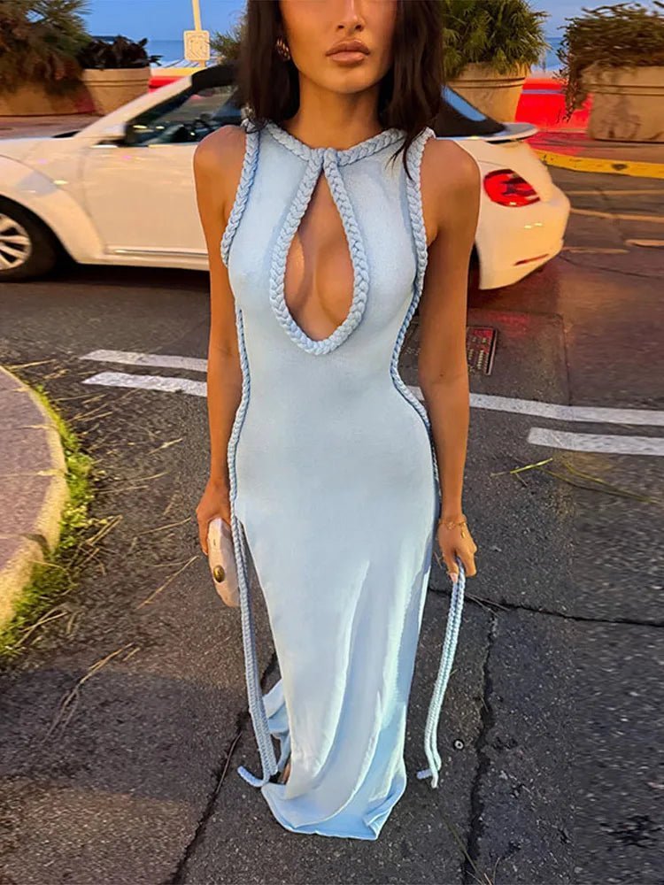 OLANE Elegant Keyhole Backless Maxi Dress BlueMWomen's Dresses
