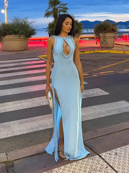 OLANE Elegant Keyhole Backless Maxi Dress BlueSWomen's Dresses
