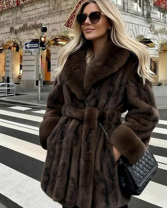 OLANE Elegant Lace-Up Faux Fur Coat BrownMWomen's Coats & Jackets