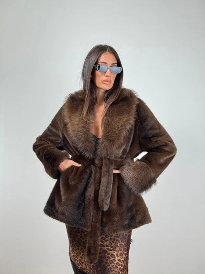 OLANE Elegant Lace-Up Faux Fur Coat BrownSWomen's Coats & Jackets