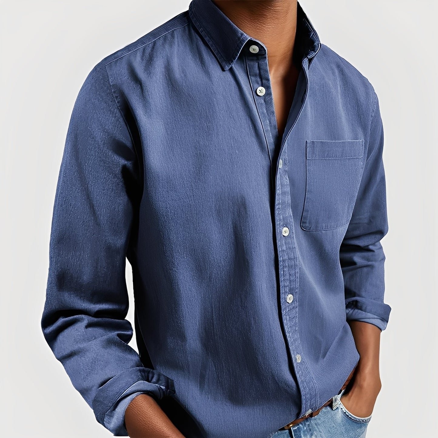 OLANE Elegant Long - Sleeve Button - Up Shirt BlueSMen's Tops