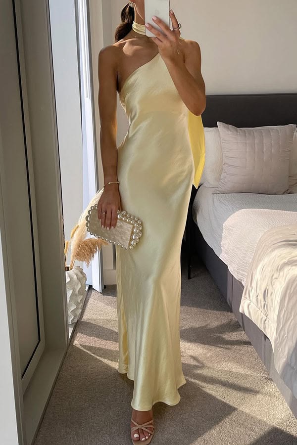 OLANE Elegant One-Shoulder Silk Evening Gown MWomen’s Dresses