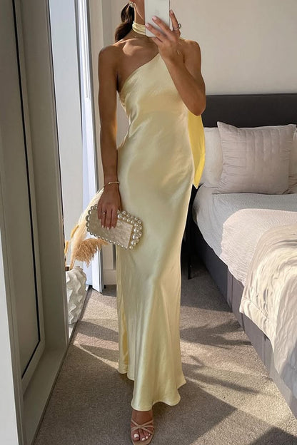OLANE Elegant One-Shoulder Silk Evening Gown MWomen’s Dresses