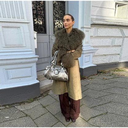 OLANE Elegant Patchwork Faux Fur Collar Coat LWomen's Coats & Jackets