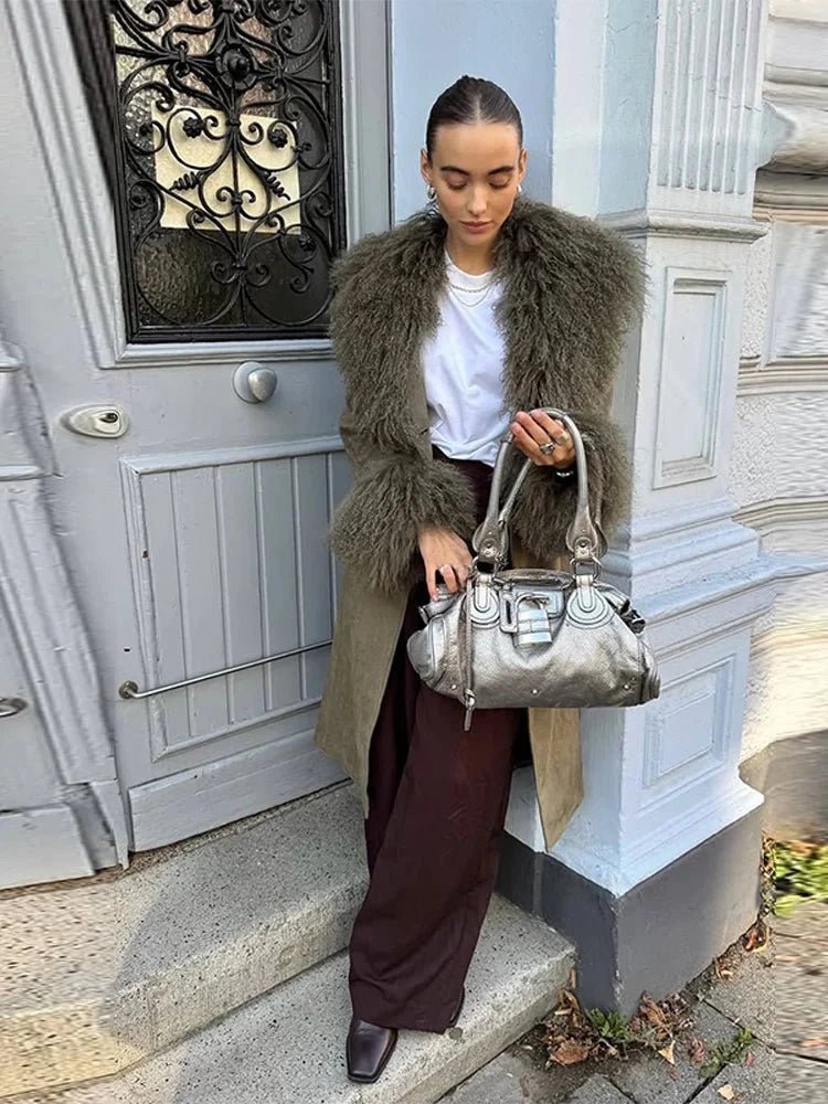 OLANE Elegant Patchwork Faux Fur Collar Coat SWomen's Coats & Jackets