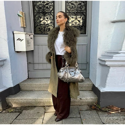 OLANE Elegant Patchwork Faux Fur Collar Coat SWomen's Coats & Jackets