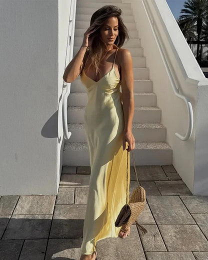 OLANE Elegant Satin Backless Maxi Dress YellowXSWomen's Dresses