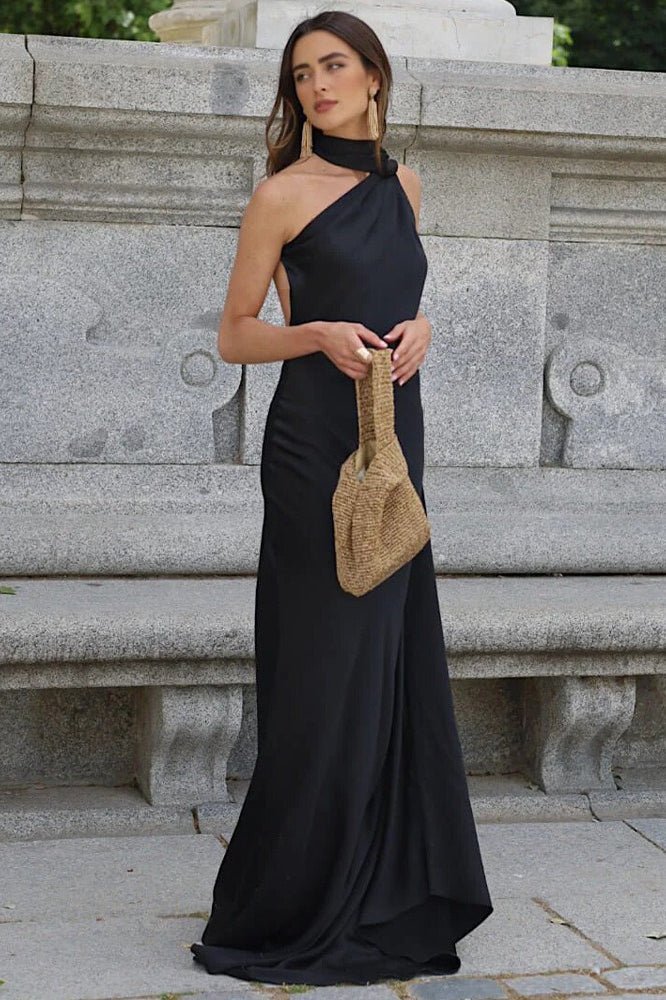 OLANE Elegant Satin Halter Cape Dress BlackSWomen's Dresses