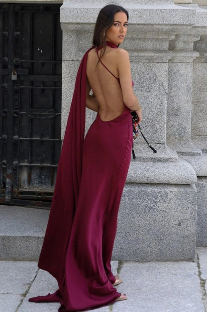 OLANE Elegant Satin Halter Cape Dress BurgundySWomen's Dresses