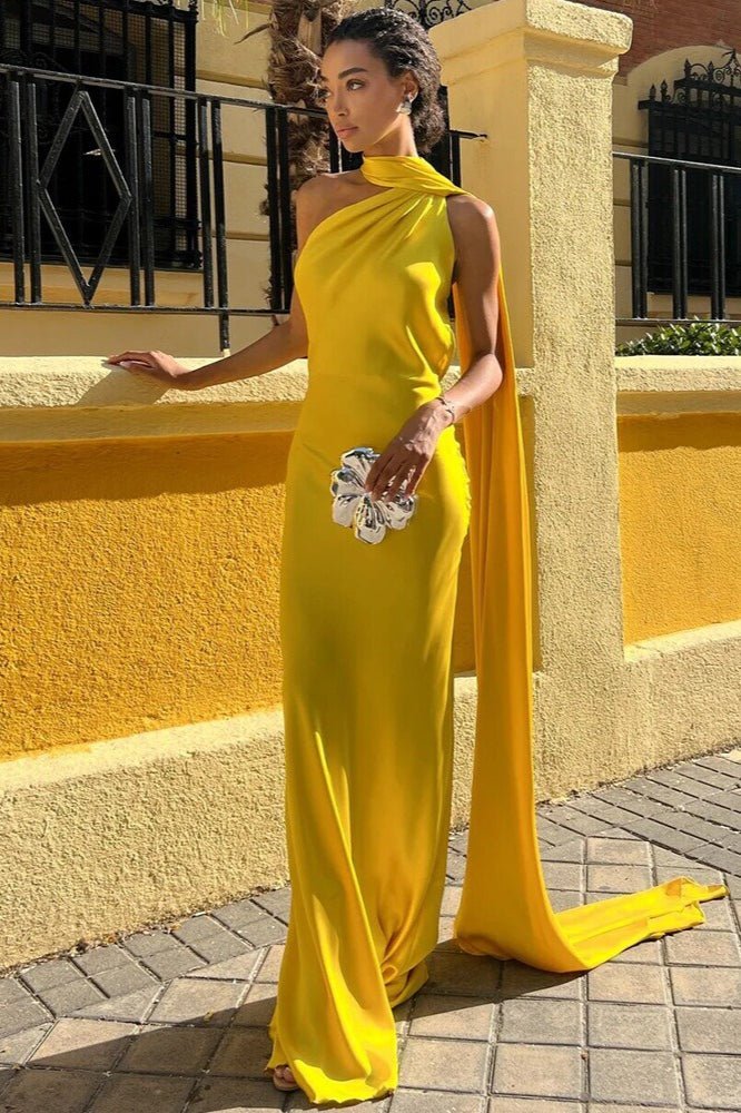 OLANE Elegant Satin Halter Cape Dress YellowSWomen's Dresses