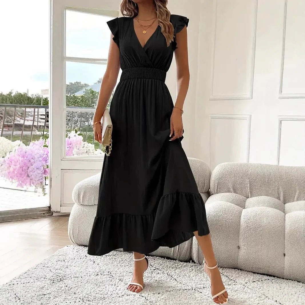 OLANE Elegant V - Neck Ruffle Swing Dress BlackSWomen's Dresses