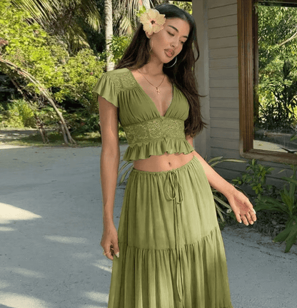 OLANE Ella Lace Crop Top Chiffon Two-Piece Set GreenXSWomen's Sets