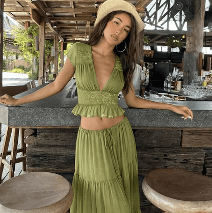 OLANE Ella Lace Crop Top Chiffon Two-Piece Set GreenXSWomen's Sets
