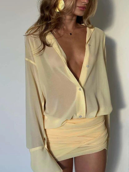 OLANE Eva Long Sleeve Ruched Shirt Dress BlackMWomen's Dresses