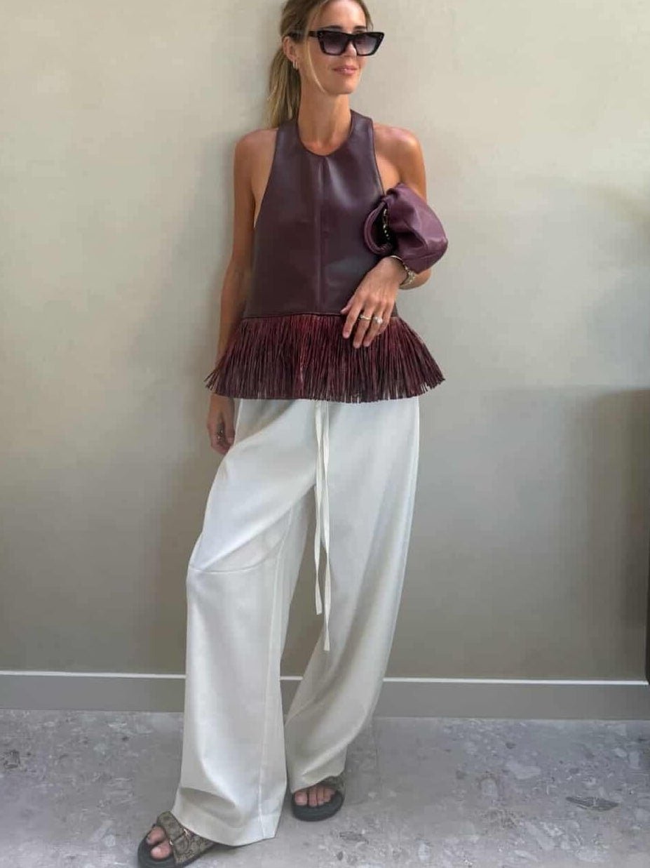 OLANE Faux Leather Fringe Halter Top BurgundySWomen’s Tops