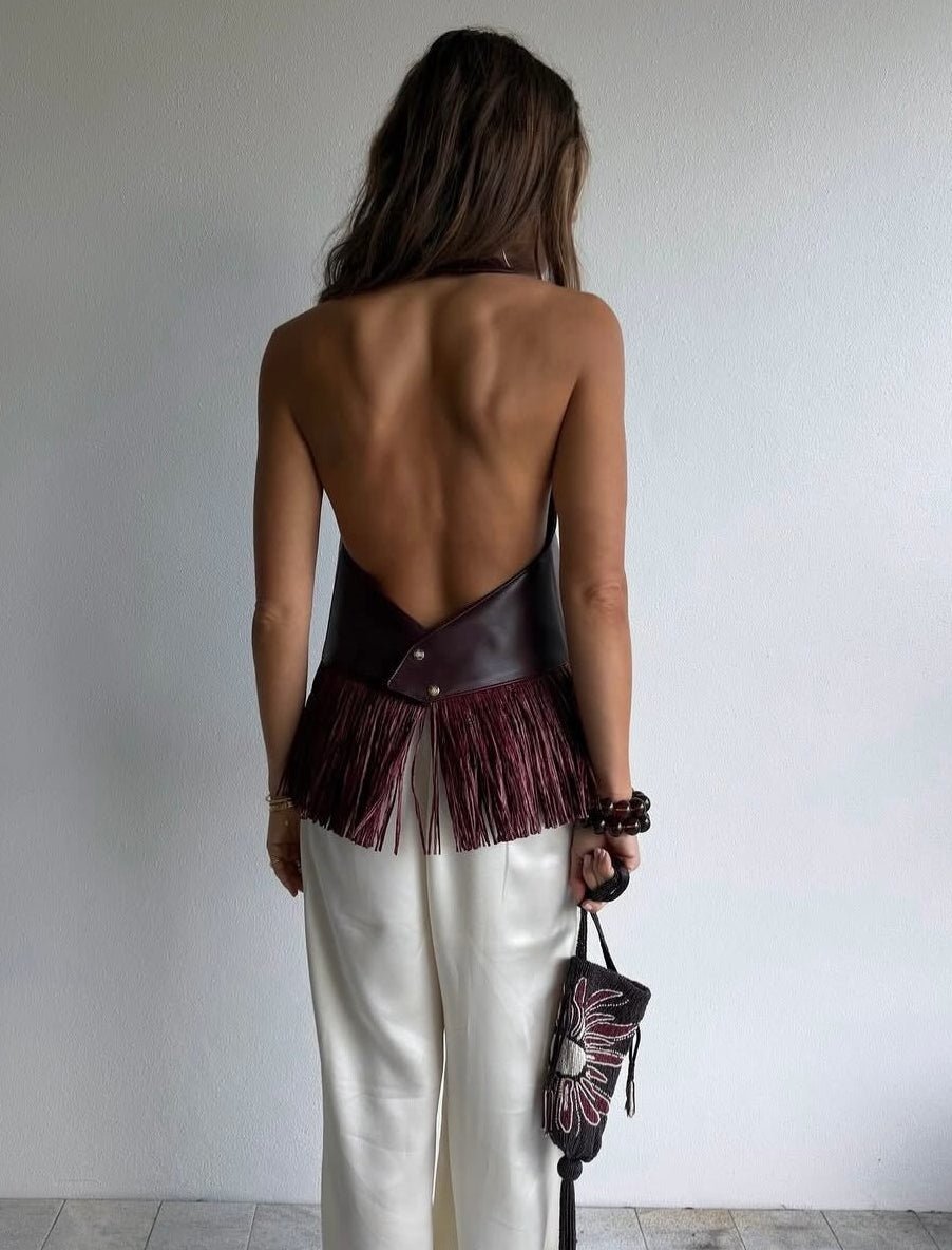OLANE Faux Leather Fringe Halter Top BurgundySWomen’s Tops