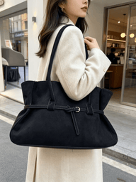 Faux Suede Belted Tote Bag