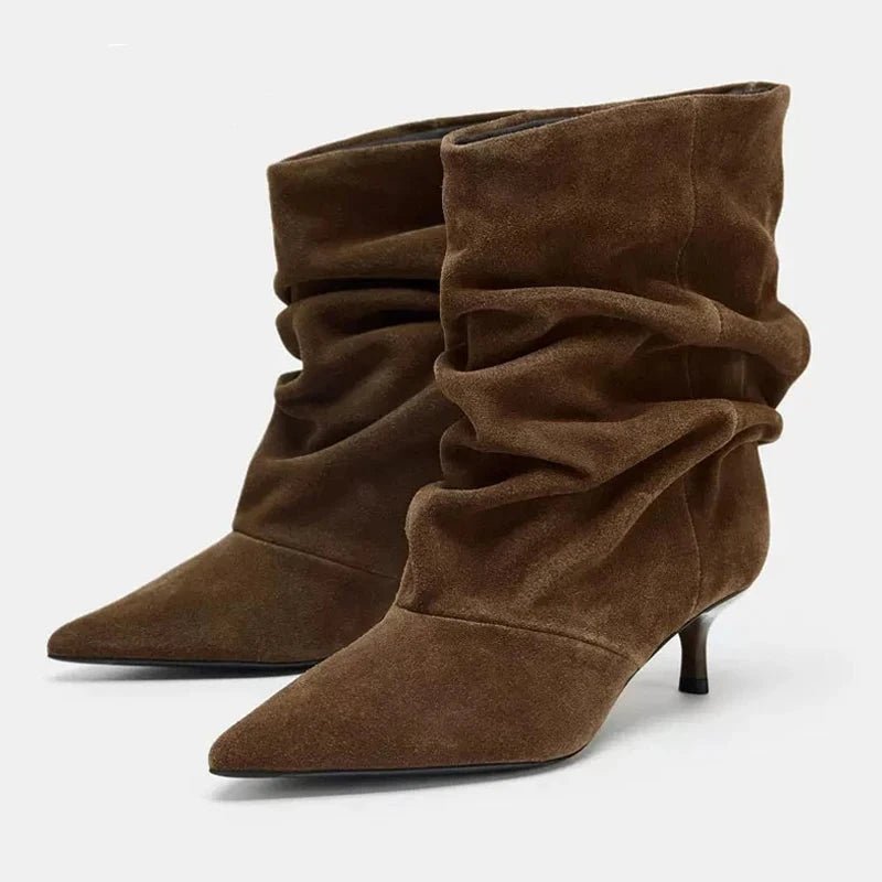 OLANE Faux Suede Ruched Pointed-Toe Boots Brown40Women's Shoes