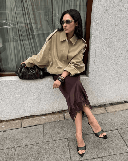 OLANE Faux Suede Zip-Up Bomber Jacket BeigeSWomen's Coats & Jackets