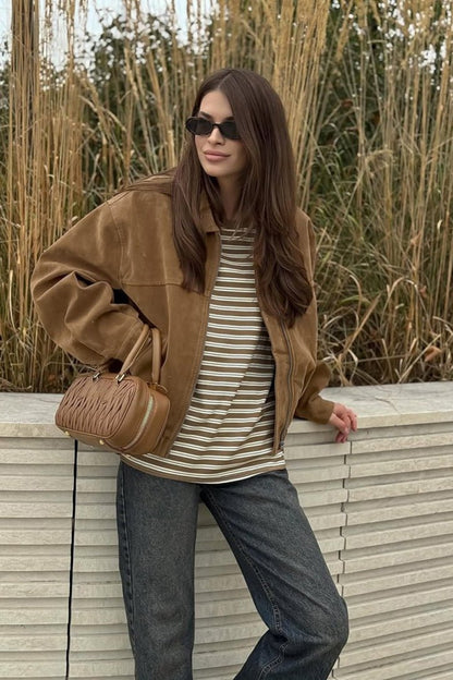 OLANE Faux Suede Zip-Up Bomber Jacket BrownLWomen's Coats & Jackets