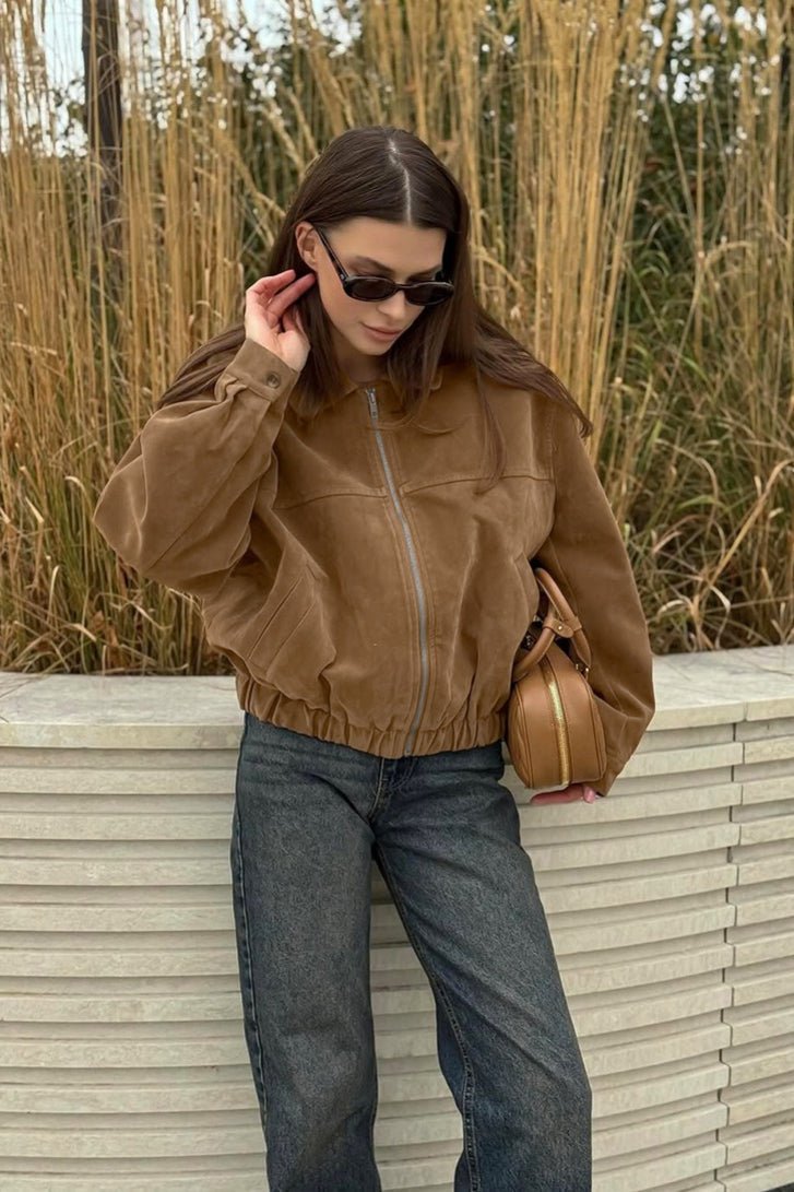 OLANE Faux Suede Zip-Up Bomber Jacket BrownMWomen's Coats & Jackets