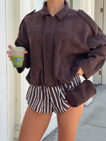 OLANE Faux Suede Zip-Up Bomber Jacket BrownSWomen's Coats & Jackets