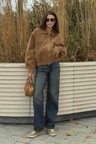 Faux Suede Zip-Up Bomber Jacket