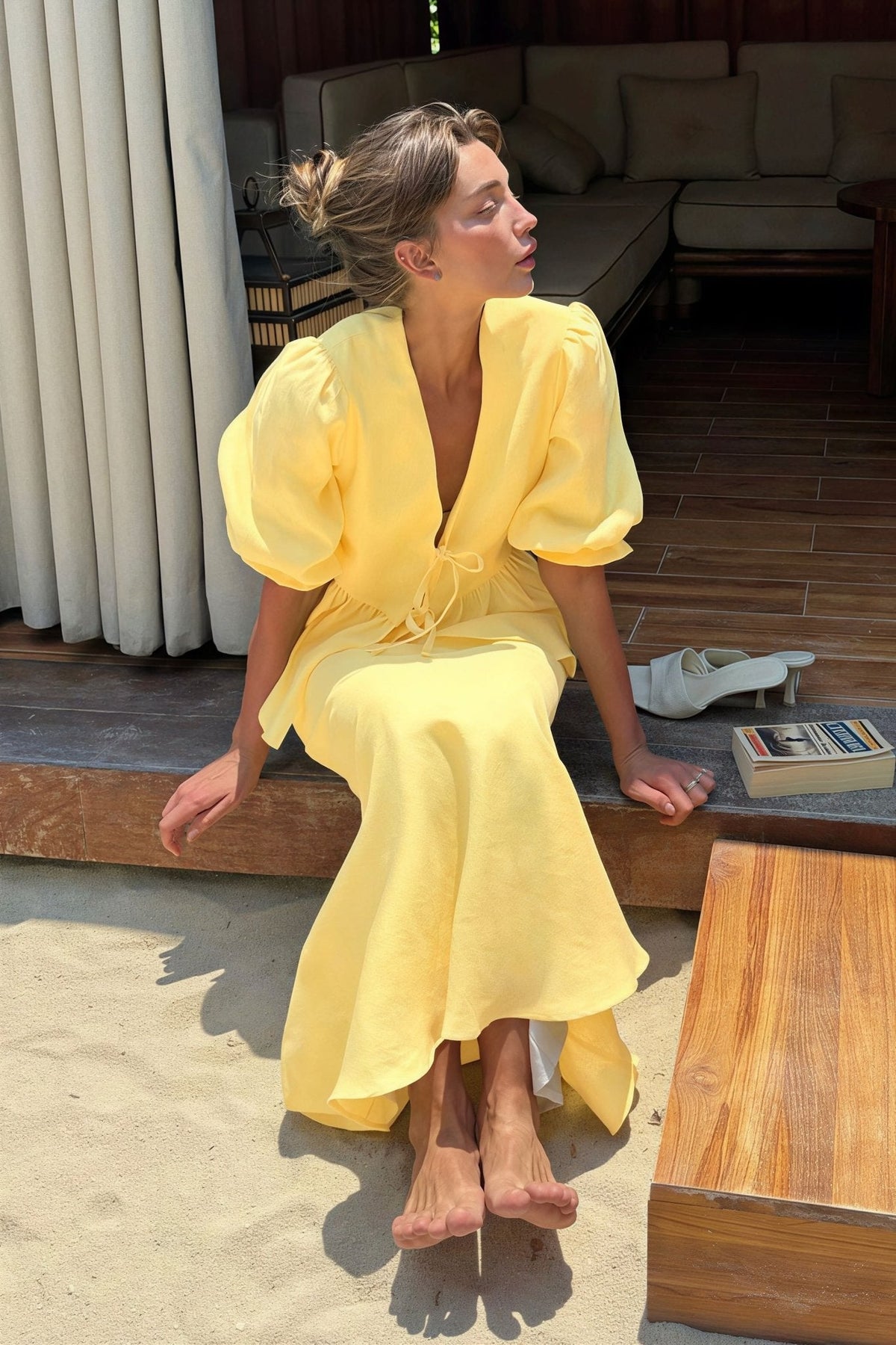 OLANE Flattering Tie - Front Ruffle Skirt Set YellowLWomen's Sets
