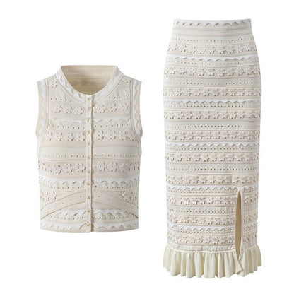 OLANE Floral Knit Vest & Ruffle Midi Skirt Set SetXSWomen's Sets