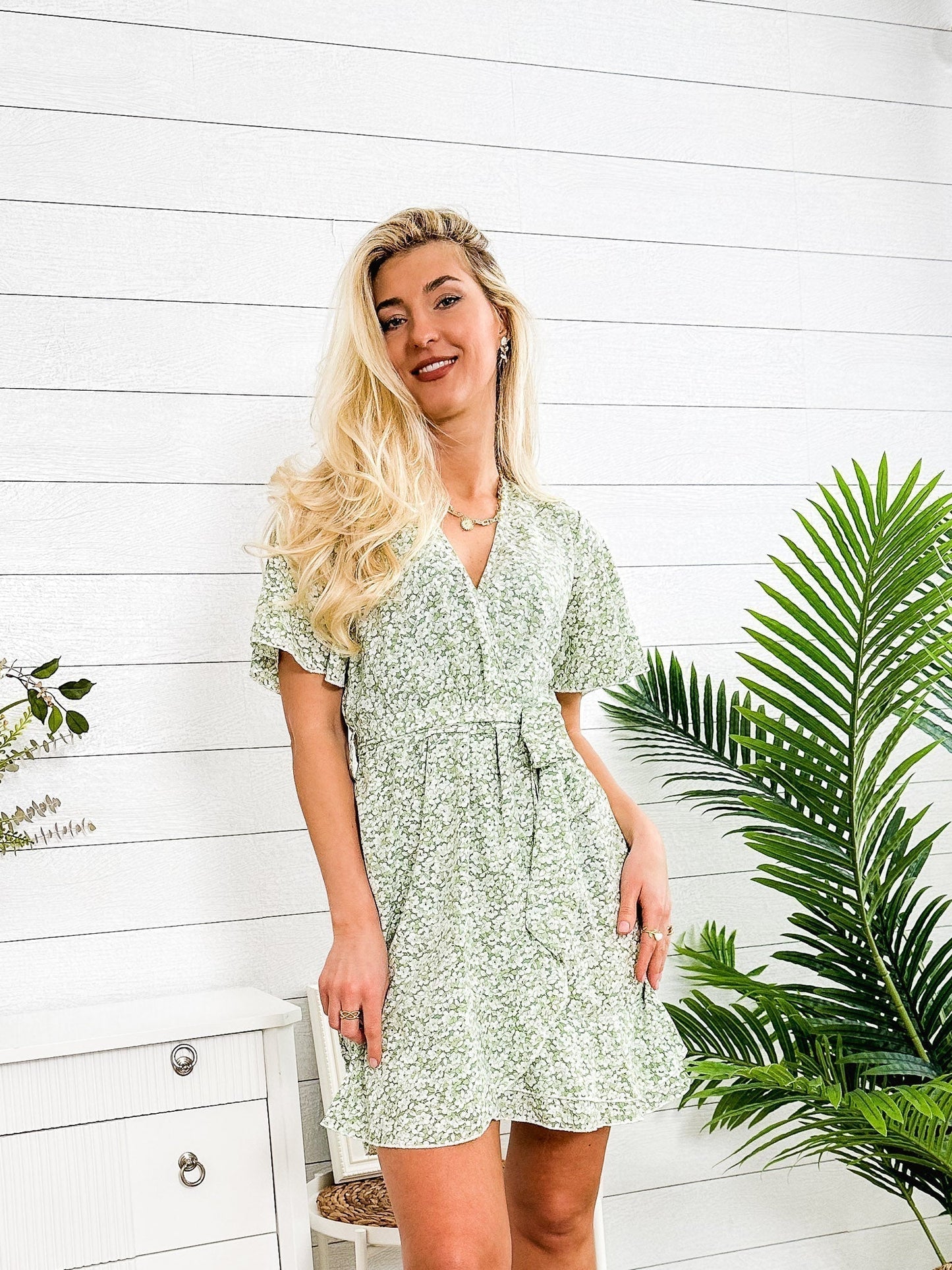 OLANE Floral Wrap-Tie Butterfly Sleeves Mini Dress GreenSWomen’s Dresses