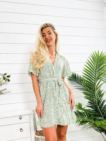 OLANE Floral Wrap-Tie Butterfly Sleeves Mini Dress GreenSWomen’s Dresses