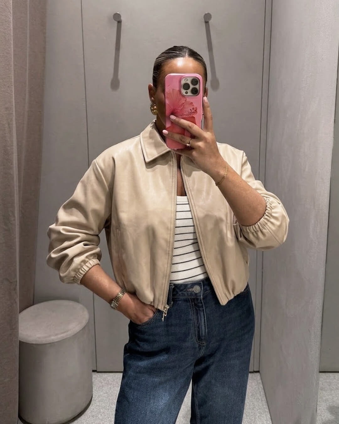 OLANE Front-Zip Puffer Bomber Jacket CreamXSWomen's Coats & Jackets