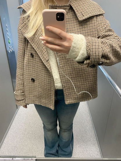 OLANE Funnel Neck Houndstooth Short Jacket LWomen's Coats & Jackets
