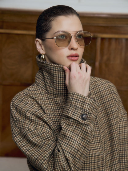 OLANE Funnel Neck Houndstooth Short Jacket LWomen's Coats & Jackets
