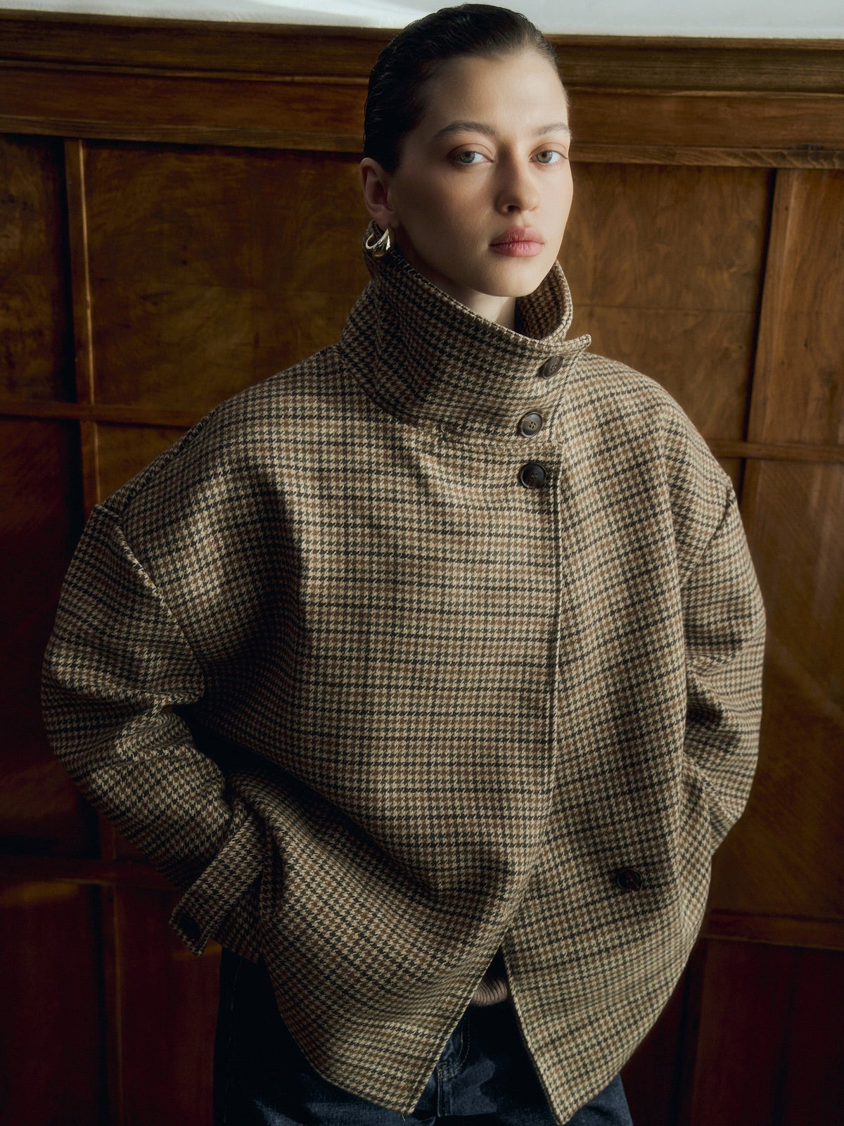OLANE Funnel Neck Houndstooth Short Jacket LWomen's Coats & Jackets