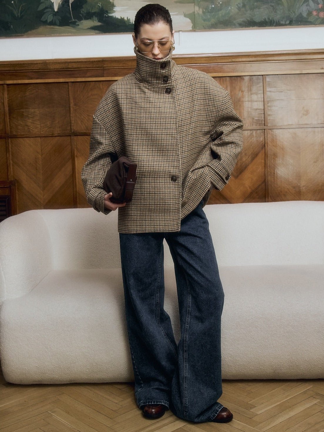 OLANE Funnel Neck Houndstooth Short Jacket LWomen's Coats & Jackets