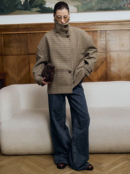 OLANE Funnel Neck Houndstooth Short Jacket LWomen's Coats & Jackets