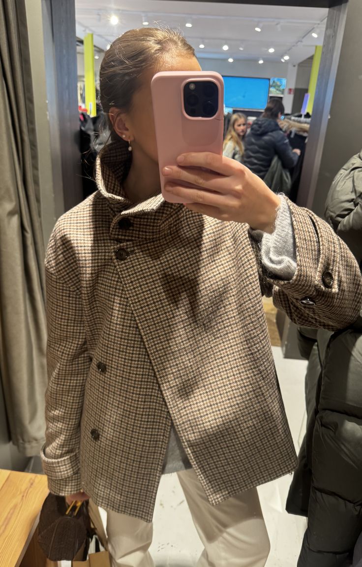 OLANE Funnel Neck Houndstooth Short Jacket SWomen's Coats & Jackets