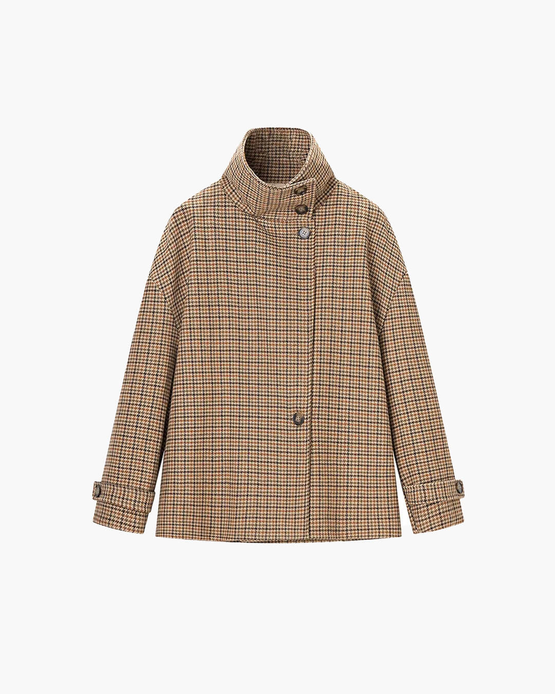 OLANE Funnel Neck Houndstooth Short Jacket SWomen's Coats & Jackets
