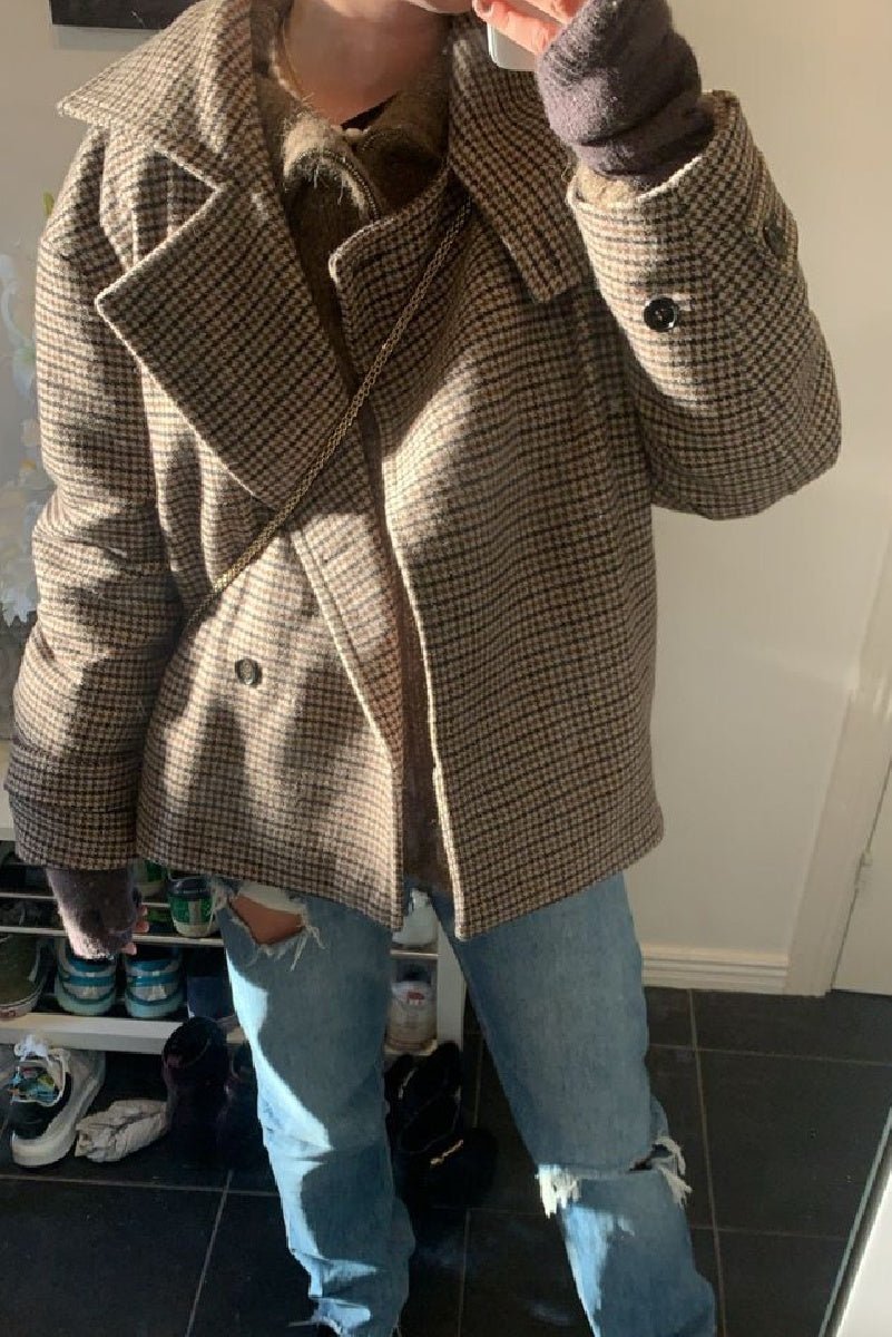 OLANE Funnel Neck Houndstooth Short Jacket SWomen's Coats & Jackets