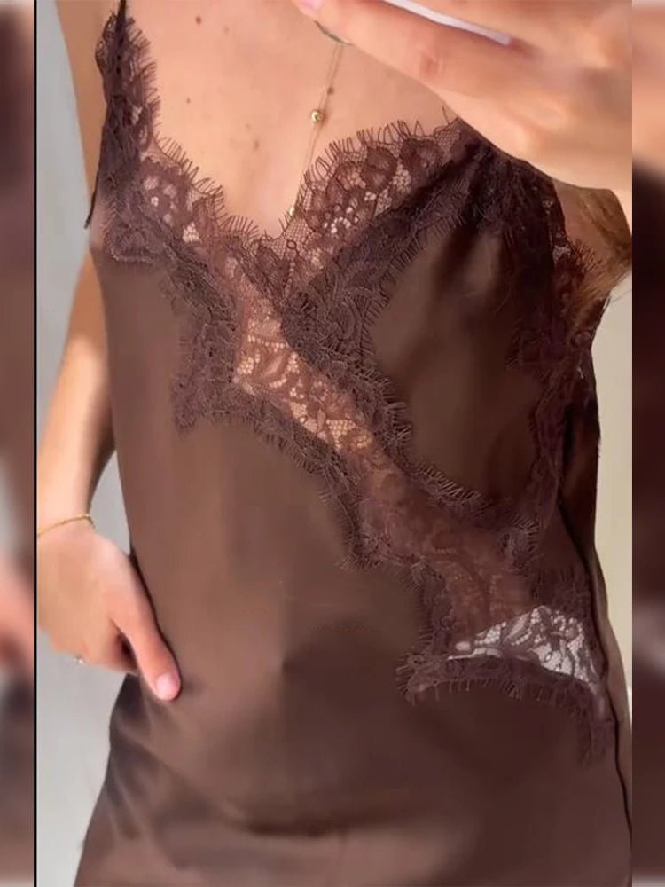 OLANE Gianna Asymmetric Satin Mini Dress BrownMWomen's Dresses