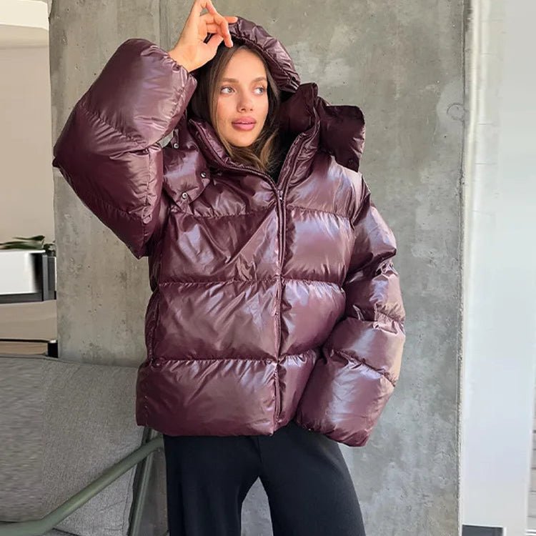 OLANE Glossy Hooded Puffer Jacket BurgundySWomen's Coats & Jackets