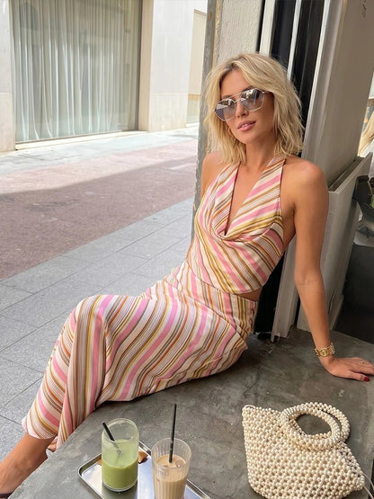 OLANE Halter Neck Bohemian Striped Satin Set Set (Top+Skirt)XSWomen's Sets
