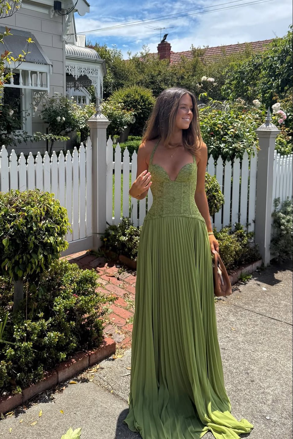 OLANE Halter Neck Pleated Corset Maxi Dress SWomen's Dresses