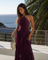 Robe longue dos nu à bretelles plissée à volants